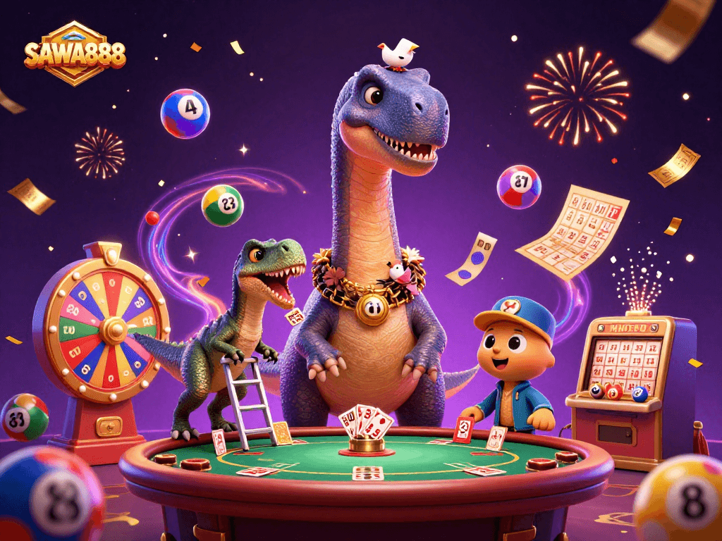 Experience SAWA888's thrilling casino adventure with cartoon dinosaurs and vibrant game elements.