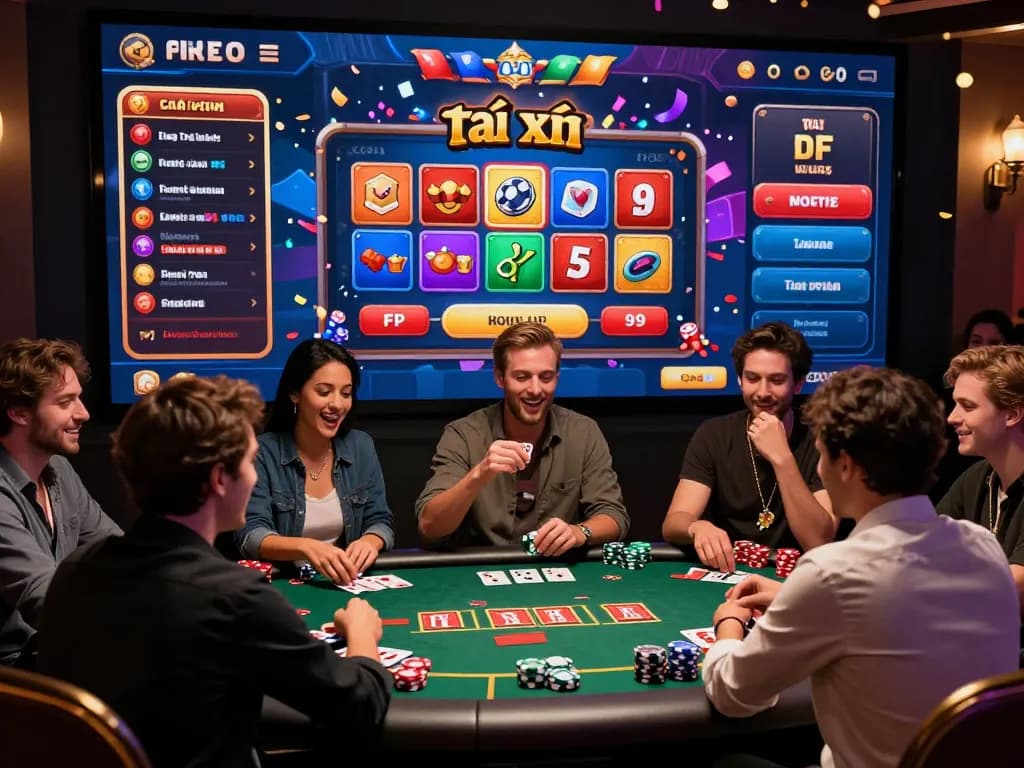 Players enjoying rikvip games in exciting online casino atmosphere with vibrant graphics and joyful expressions.