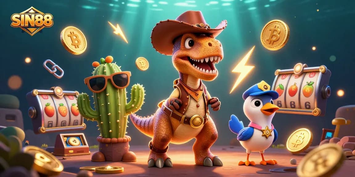 SIN88 showcases a vibrant 3D scene with a cowboy dinosaur and casino elements, inviting players to win.