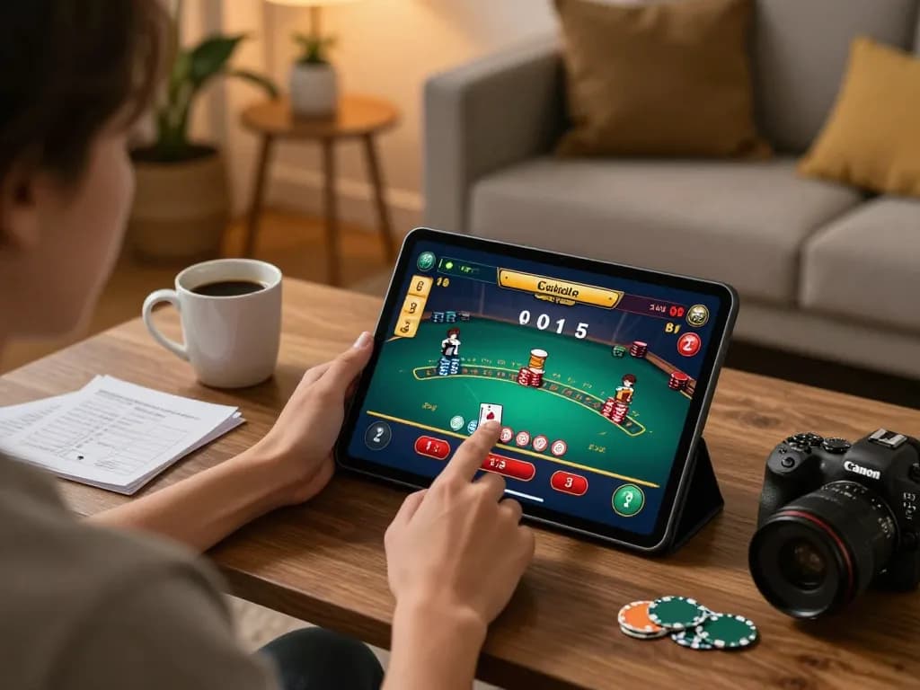 Engage in tải sunwin with real-time blackjack action displayed on a tablet, highlighting responsible online gaming.