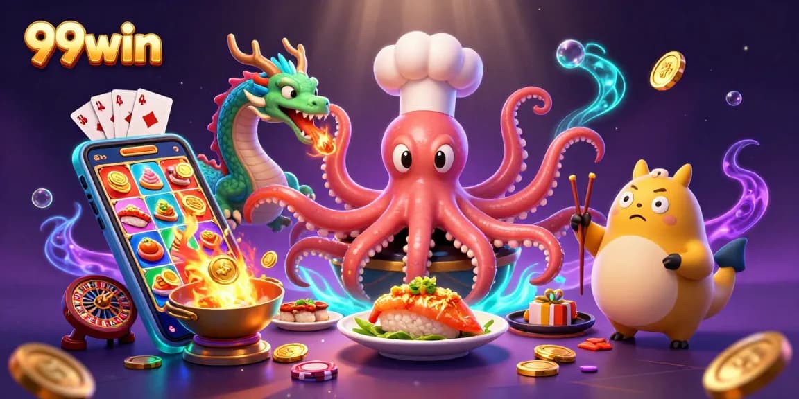 Join the fun at 99win with a colorful slot game and gourmet dishes in a vibrant casino scene!