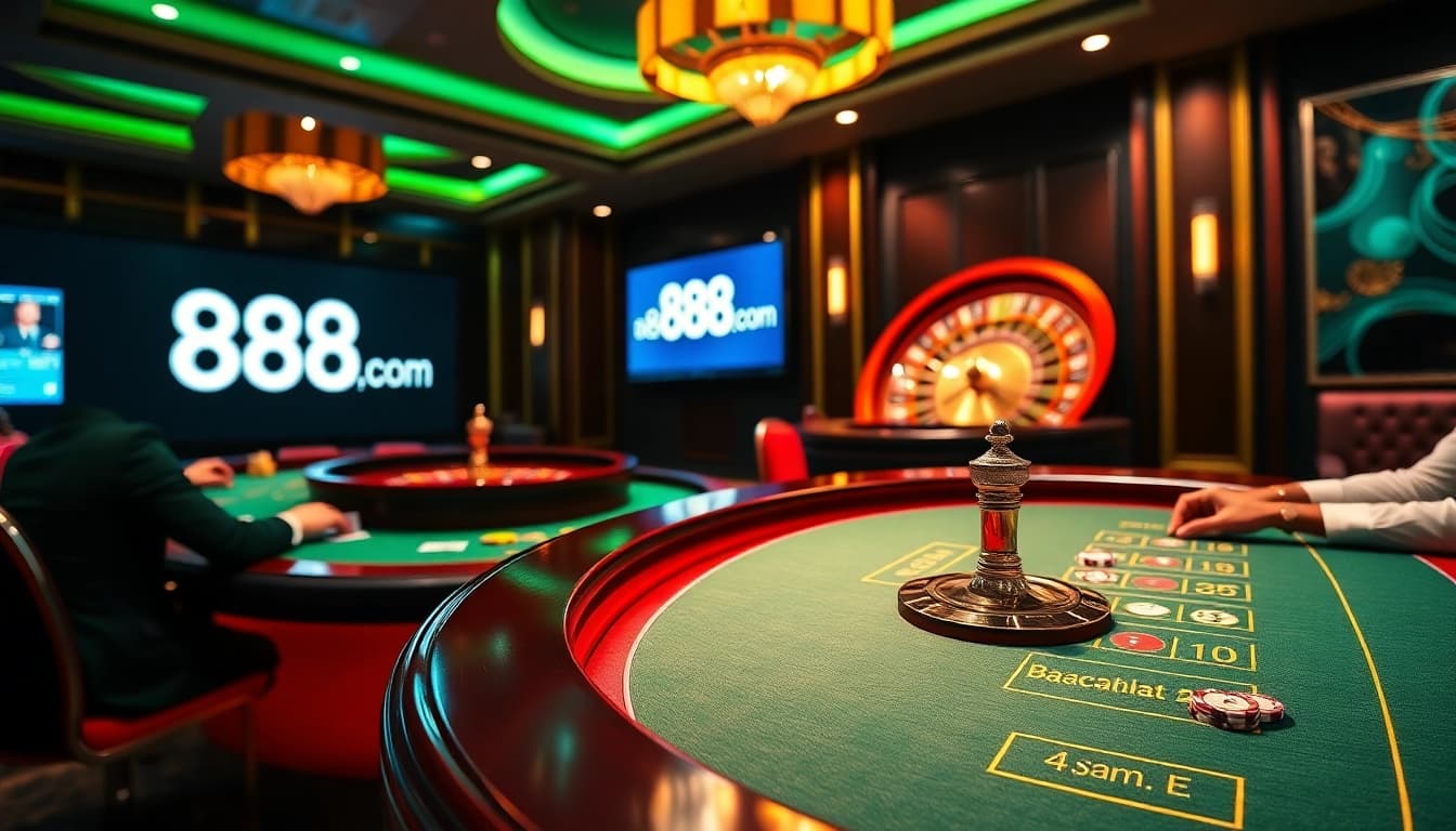 Exciting poker game experience at 888p com, showcasing chips and cards.