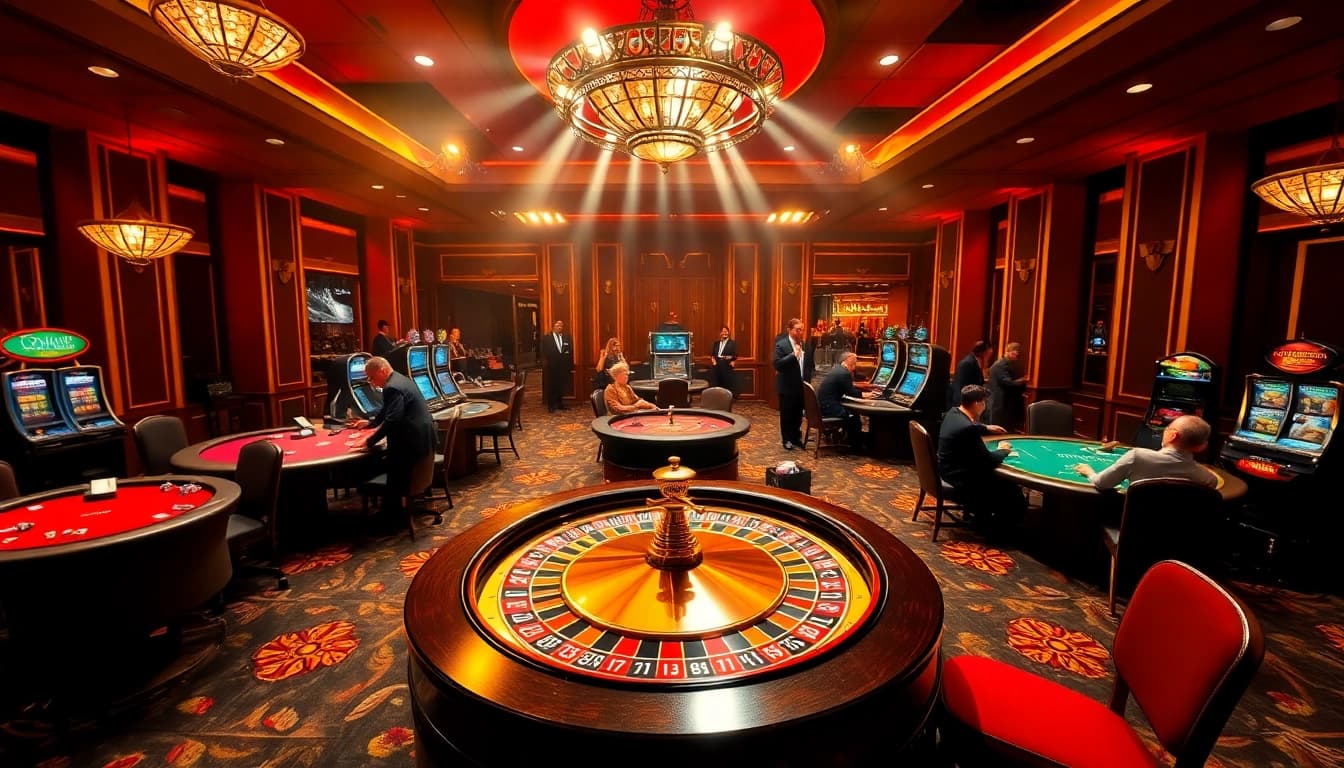 Excited players engaging in the thrill of gambling at nhà cái nk88's luxurious casino setting.
