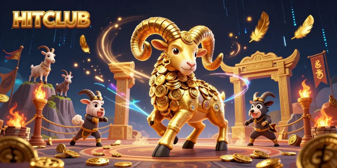 HITCLUB's golden ram charges through an energetic casino scene filled with vibrant elements.