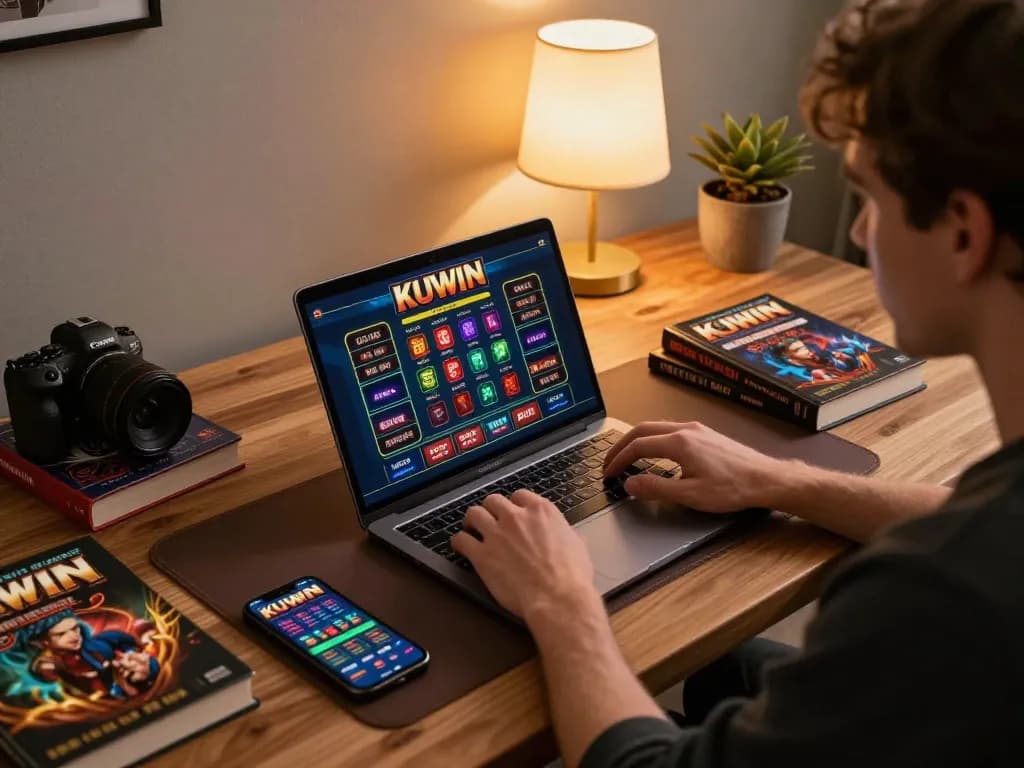 Kuwin player engaging in online casino game from cozy home setup with strategic focus.