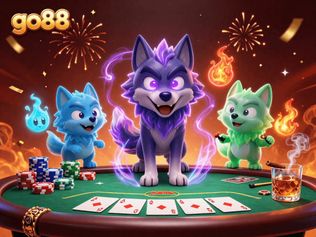 Bet big with go88 as glowing wolf leaders grace the rich casino scene surrounded by poker elements.