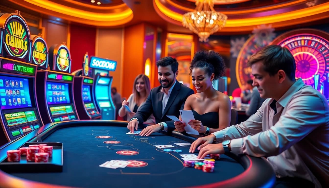 Players enjoying SODO66 at a luxurious casino with vibrant gaming elements.