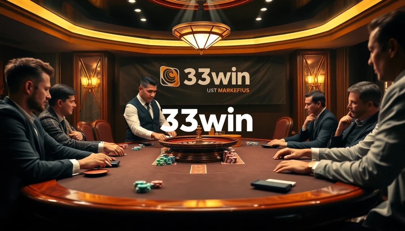 Participate in thrilling gambling at 33win's high-stakes poker tables, showcasing luxury and excitement.