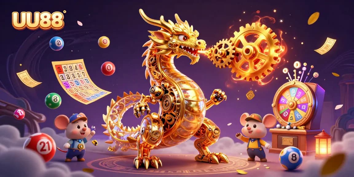 Experience the thrill of UU88 with a magical dragon and vibrant game elements celebrating exciting winnings.
