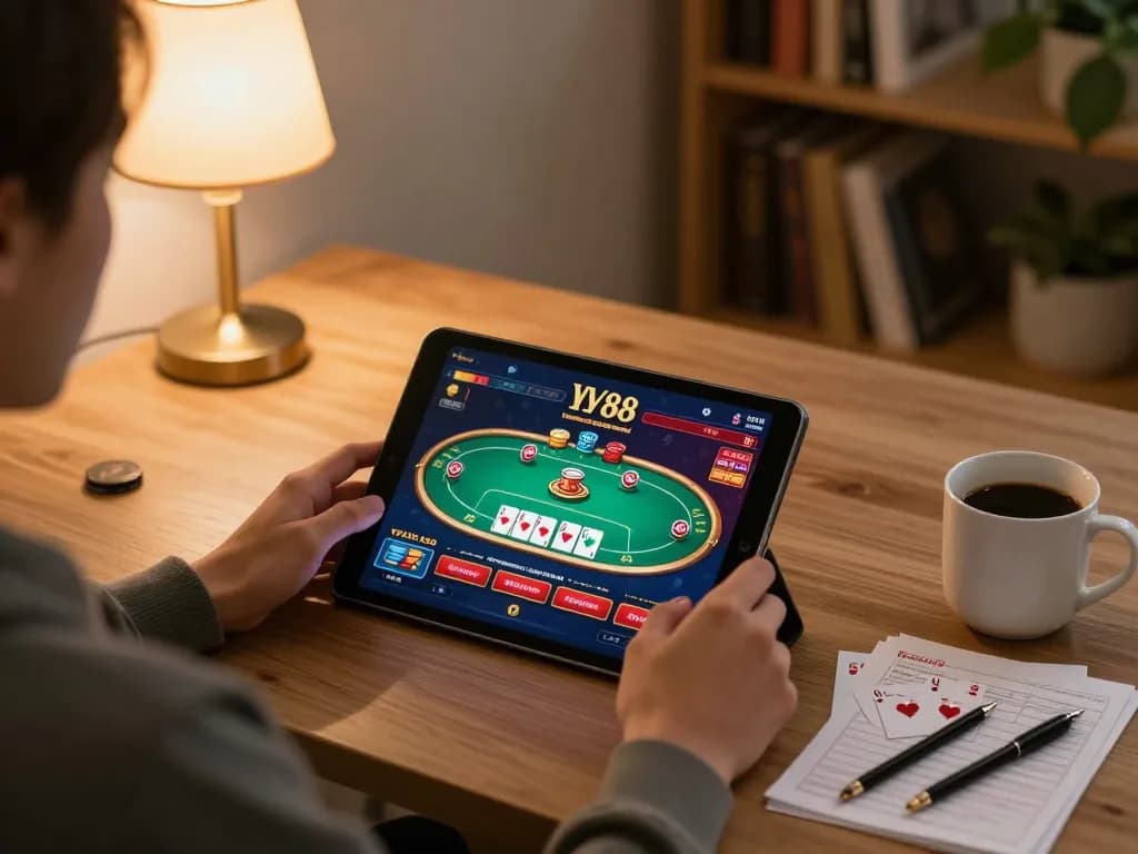 Play LV88 casino games on a cozy tablet setup, emphasizing online gambling strategy and comfortable environment.