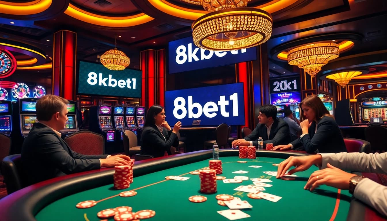 A thrilling poker game at 8kbet1 with luxurious chips and cards on display.