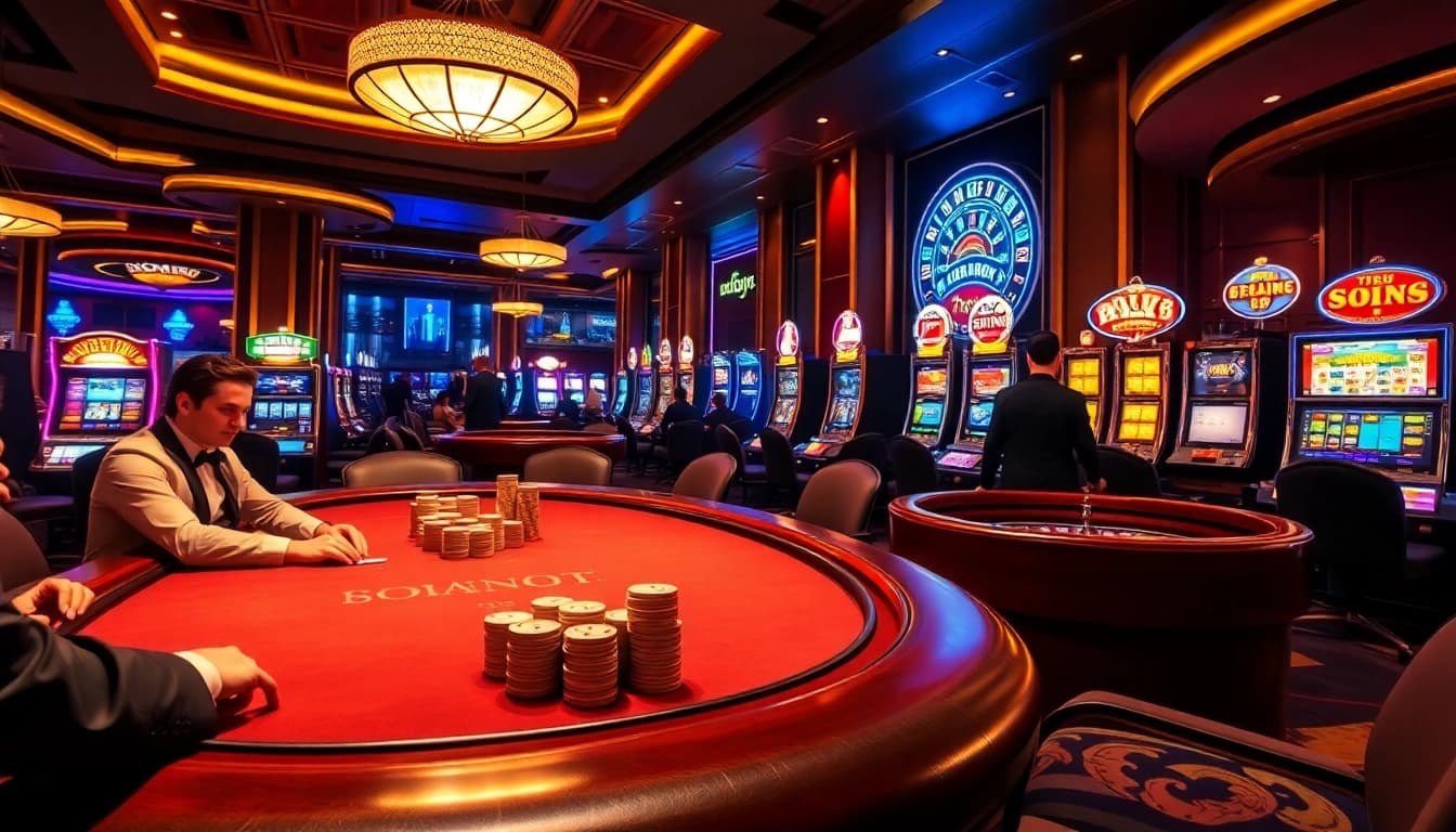Experience the excitement of gambling with a luxurious SODO casino scene featuring poker tables and slot machines.