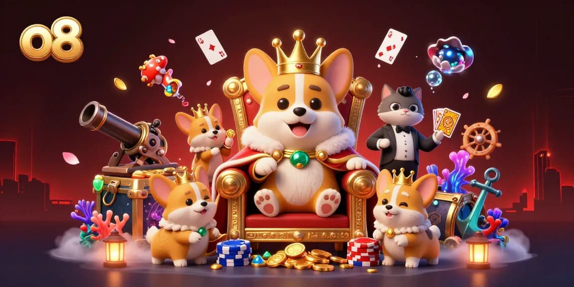 Experience exciting wins at o8 with the royal corgi and ace dealer in a vibrant casino scene.