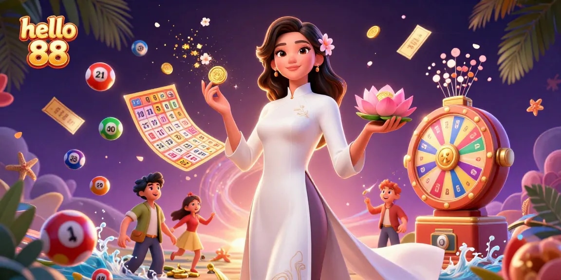 Join the excitement of hello 88 with vibrant, colorful lottery elements and a serene Asian woman in elegant ao dai.