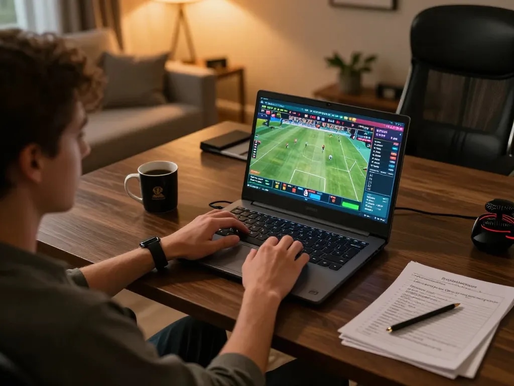 Enjoying exciting sports betting on 78wingo in a cozy home setup.