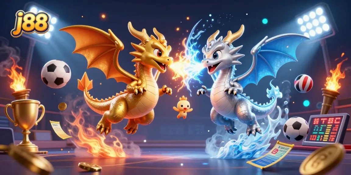 Engage in thrilling j88 sports betting with dynamic gameplay and colorful dragons in a rich illustration.