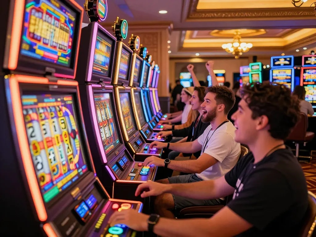 Engaged players enjoying Slot Malaysia in a lively casino environment, illuminated slot machines spinning under warm lights