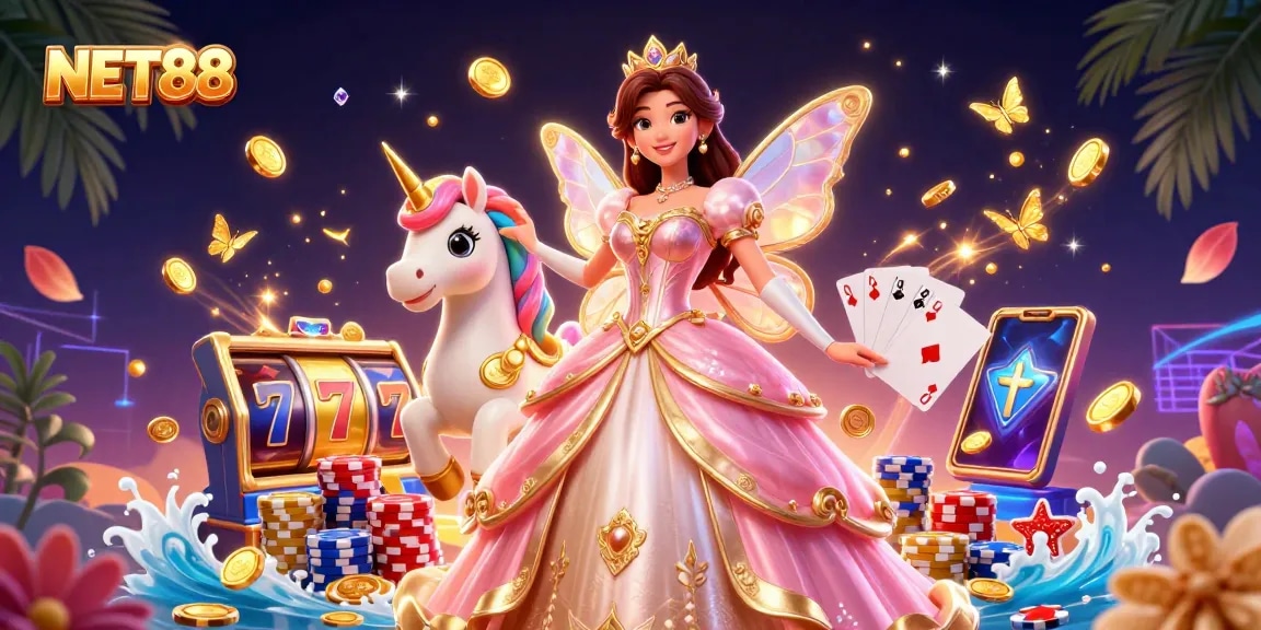 Experience the excitement of NET88 with vibrant slots and stunning graphics in this dynamic illustration.