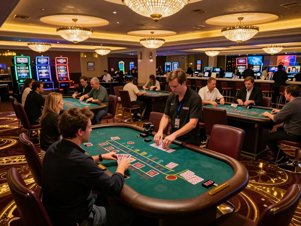 Players enjoying blackjack at 8day casino under warm chandelier lights, showcasing dynamic gaming atmosphere.