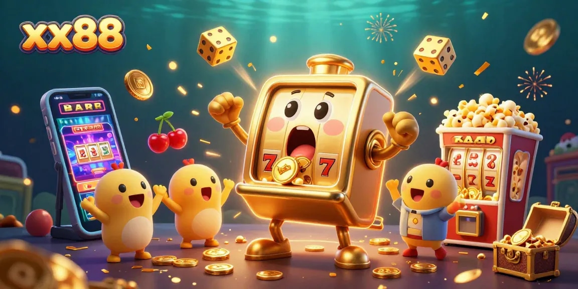 xx88 showcases a golden slot machine hitting a jackpot, surrounded by coins, cheering baby slot machines, and dynamic casino elements.