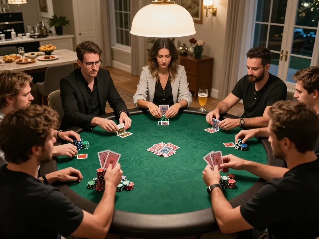 Engaging home poker game with friends showcasing DA88 strategy and excitement.