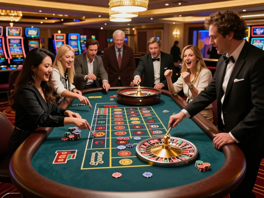 Players at the roulette table celebrate their wins during a thrilling game of 777X in a lively casino.