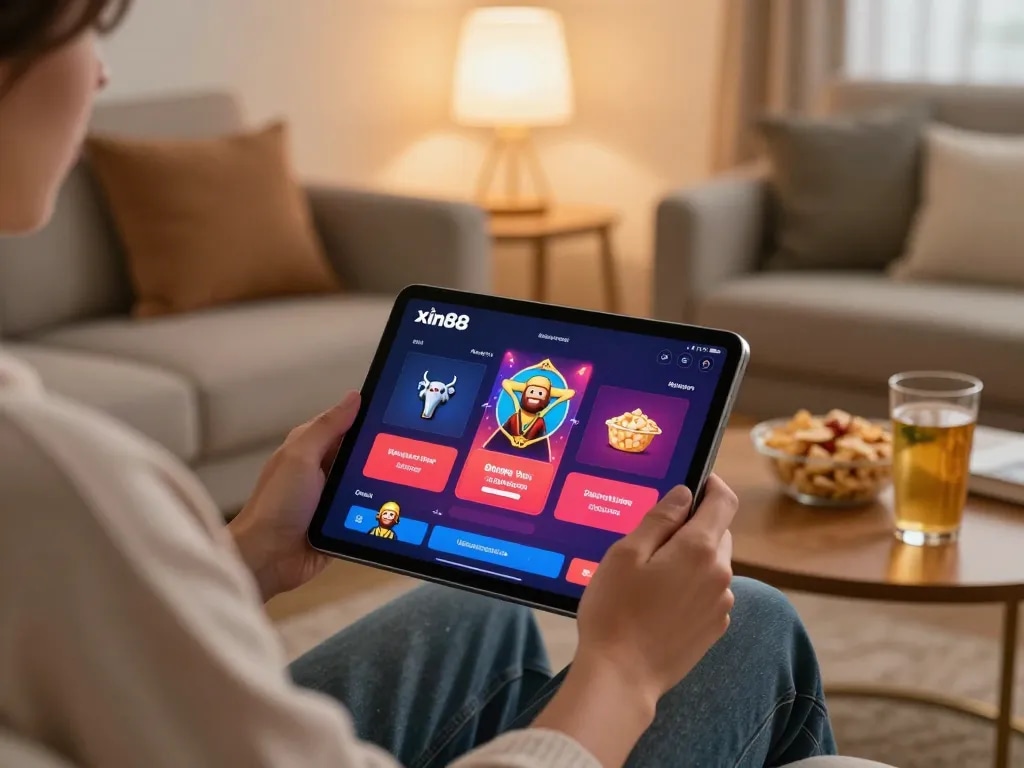 Player enjoys online gambling on the xin88 app in a cozy home setting with snacks and drinks.