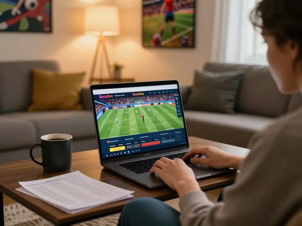 Engaging moment of a user enjoying Socolive sports betting on a laptop in a cozy living room.