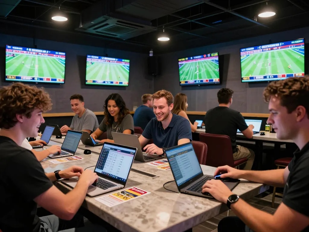 five88 sports betting lounge with active patrons analyzing odds and cheering on games
