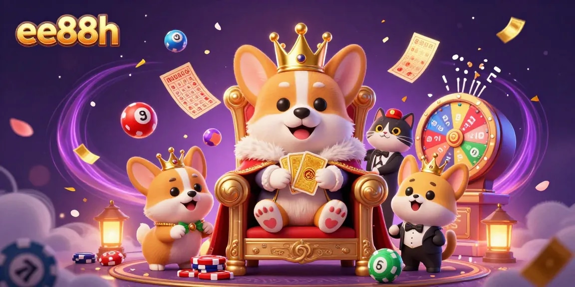 Engage in thrilling gameplay at ee88h, depicted in a vibrant 3D illustration with the royal corgi surrounded by dynamic casino elements.