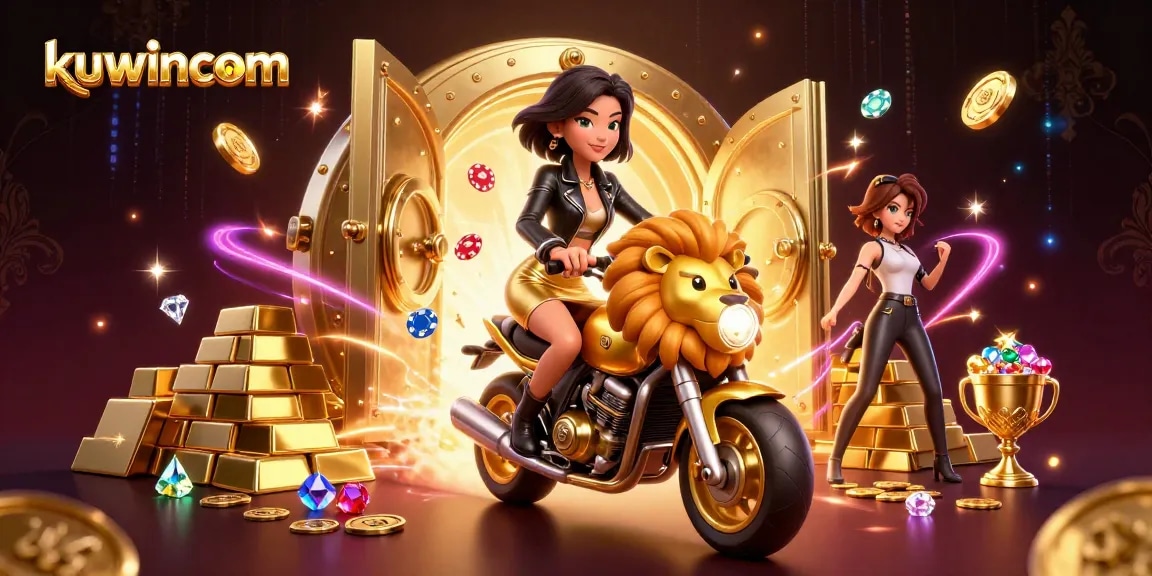 Join the excitement at kuwincom with interactive gaming adventures in a vibrant, casino-themed illustration.