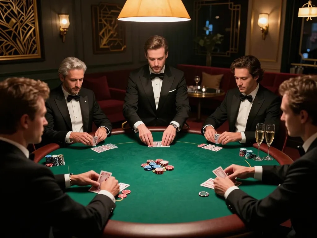 Engaging in a strategic poker game at km777's luxurious private room with attentive players.