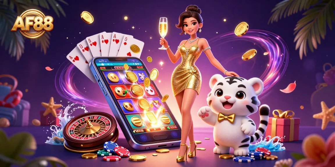 Engage with AF88, experiencing thrilling slot action with a glamorous vibe and vibrant colors.