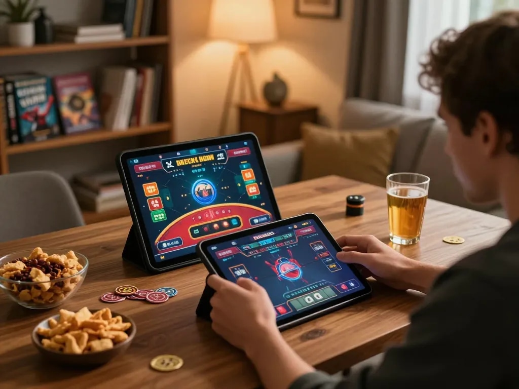 Player enjoying an engaging okfun online casino game from a cozy home setup with vibrant snacks.