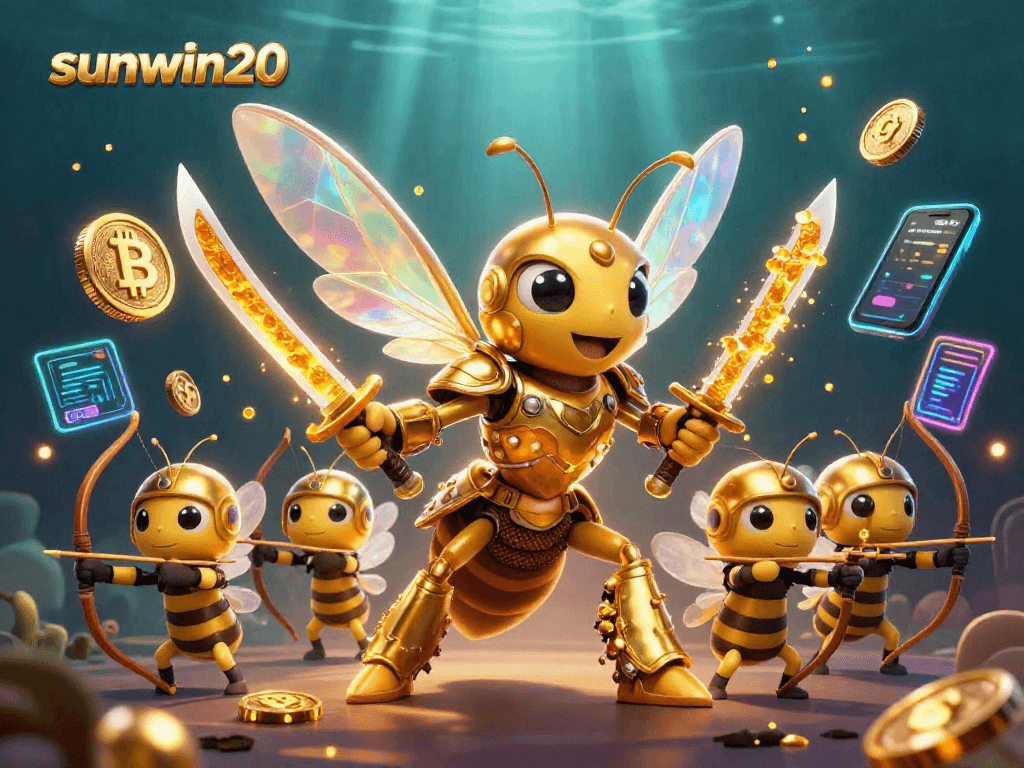 Experience thrilling gameplay with sunwin20, featuring a vibrant 3D illustration of dynamic bee warriors in a crypto casino.