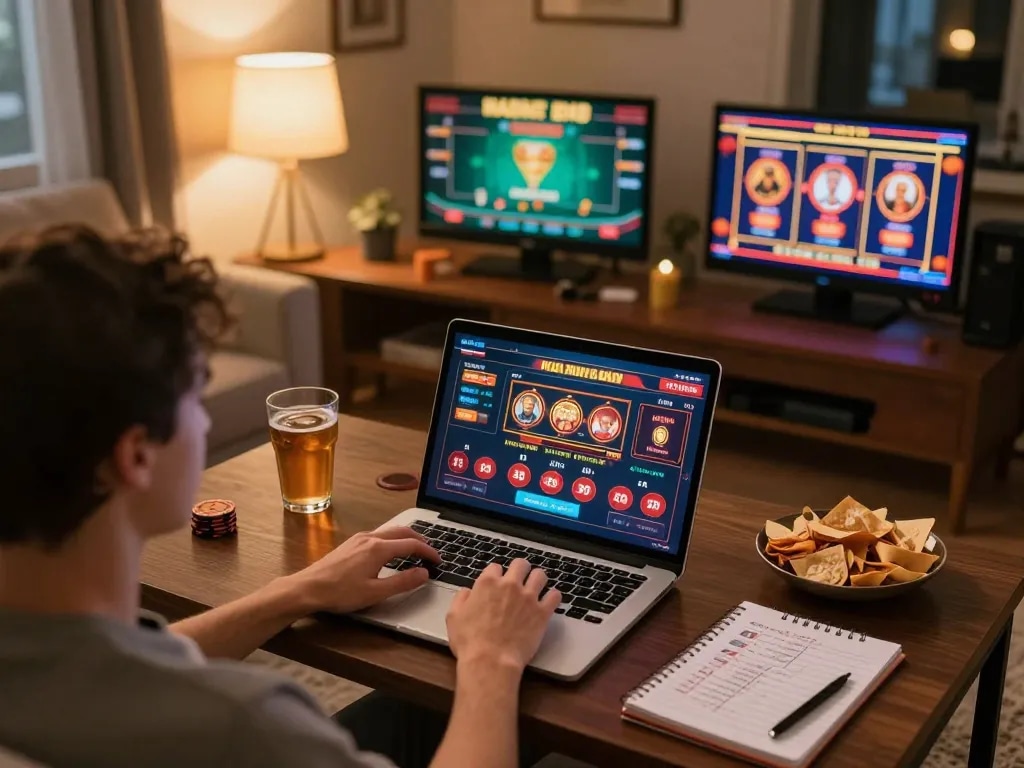 go8 online gaming session at home showcasing poker and slots with cozy setting