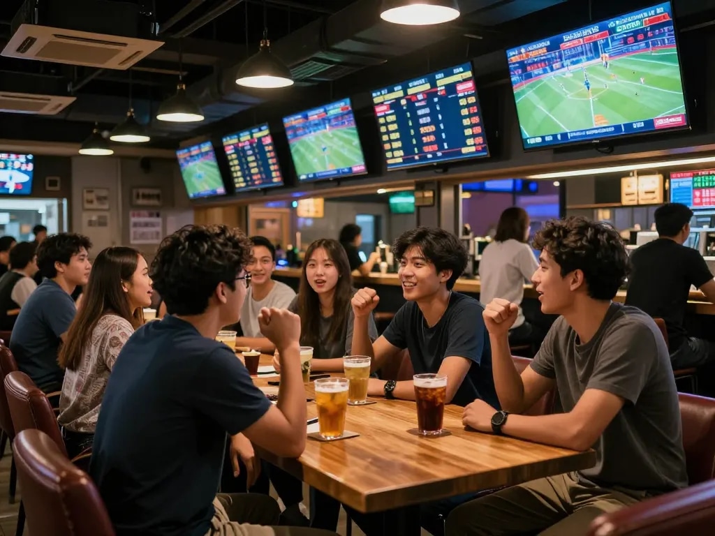 Engaged friends discussing bets in a vibrant sports bar using nhandinhkeonhacai for strategic wagering.