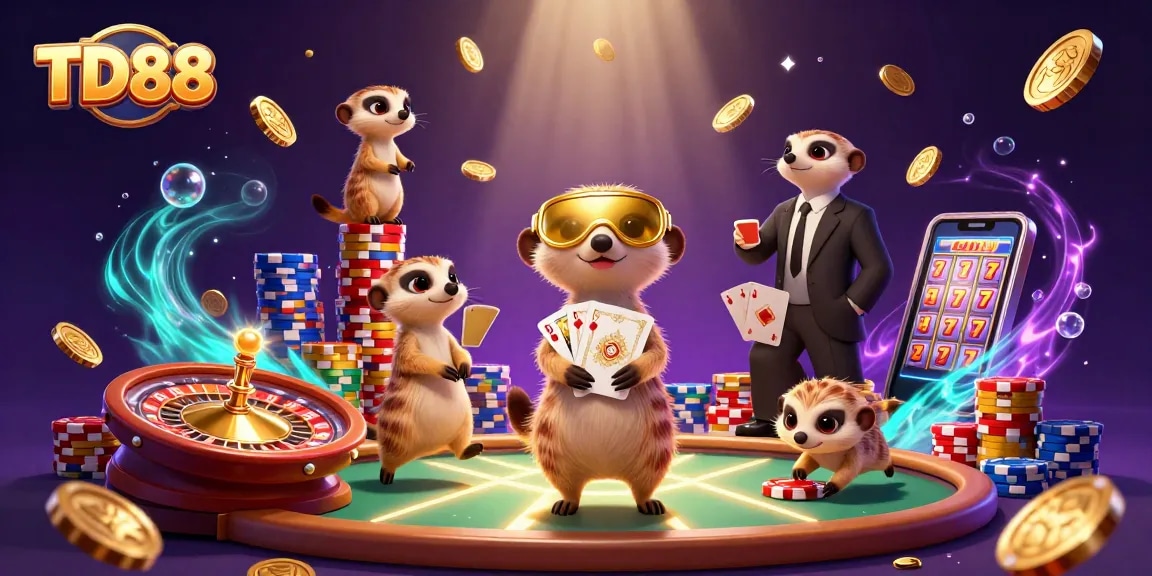 Experience the excitement of TD88 with playful meerkats managing a vibrant casino scene.