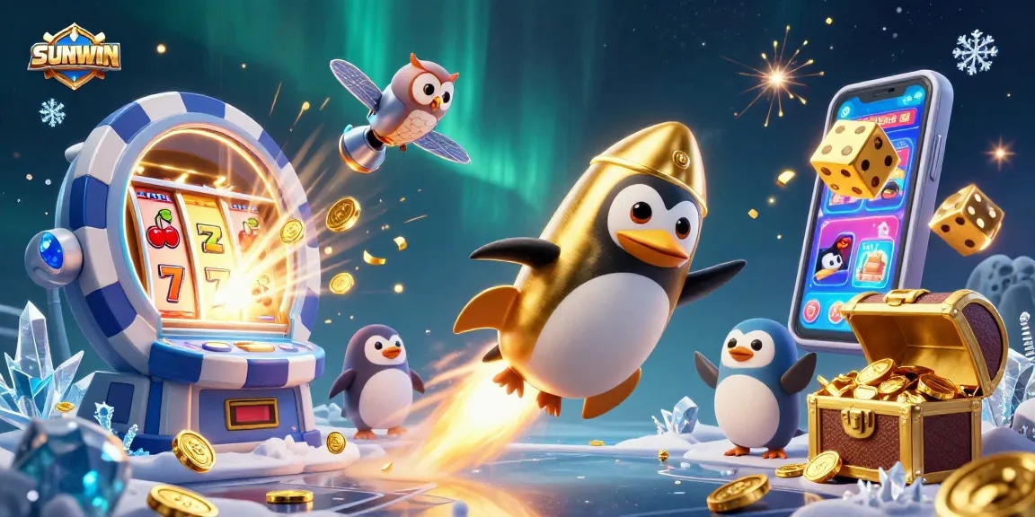 SUNWIN penguin rockets through space towards a casino station, amidst a burst of colorful casino game elements.