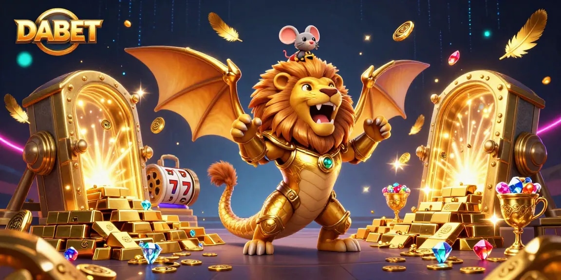 DABET immerses players in a vibrant casino experience with a dynamic chimera roaring triumphantly amid treasures.