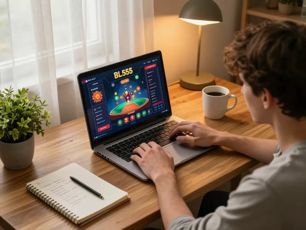 Engaging with BL555 online gaming interface from a cozy home setup, showcasing strategic gameplay.