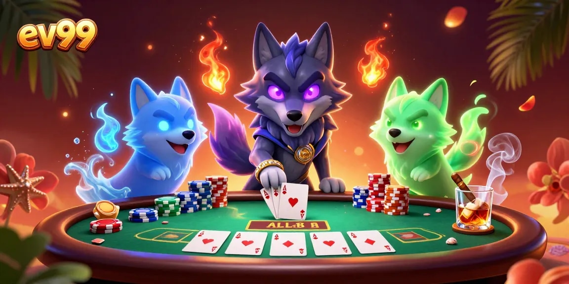Experience thrilling gameplay with ev99, showcasing a dynamic poker scene featuring animated wolf characters.
