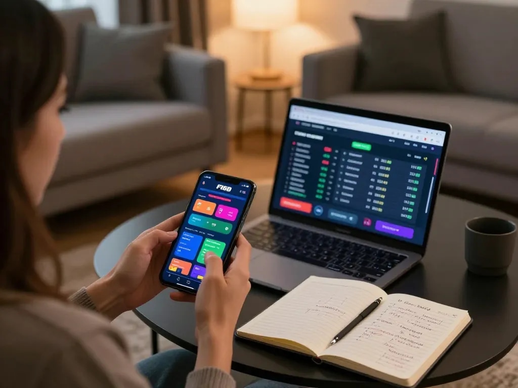 Gambler accessing f168 mobile app to place bets while enjoying a cozy home atmosphere.