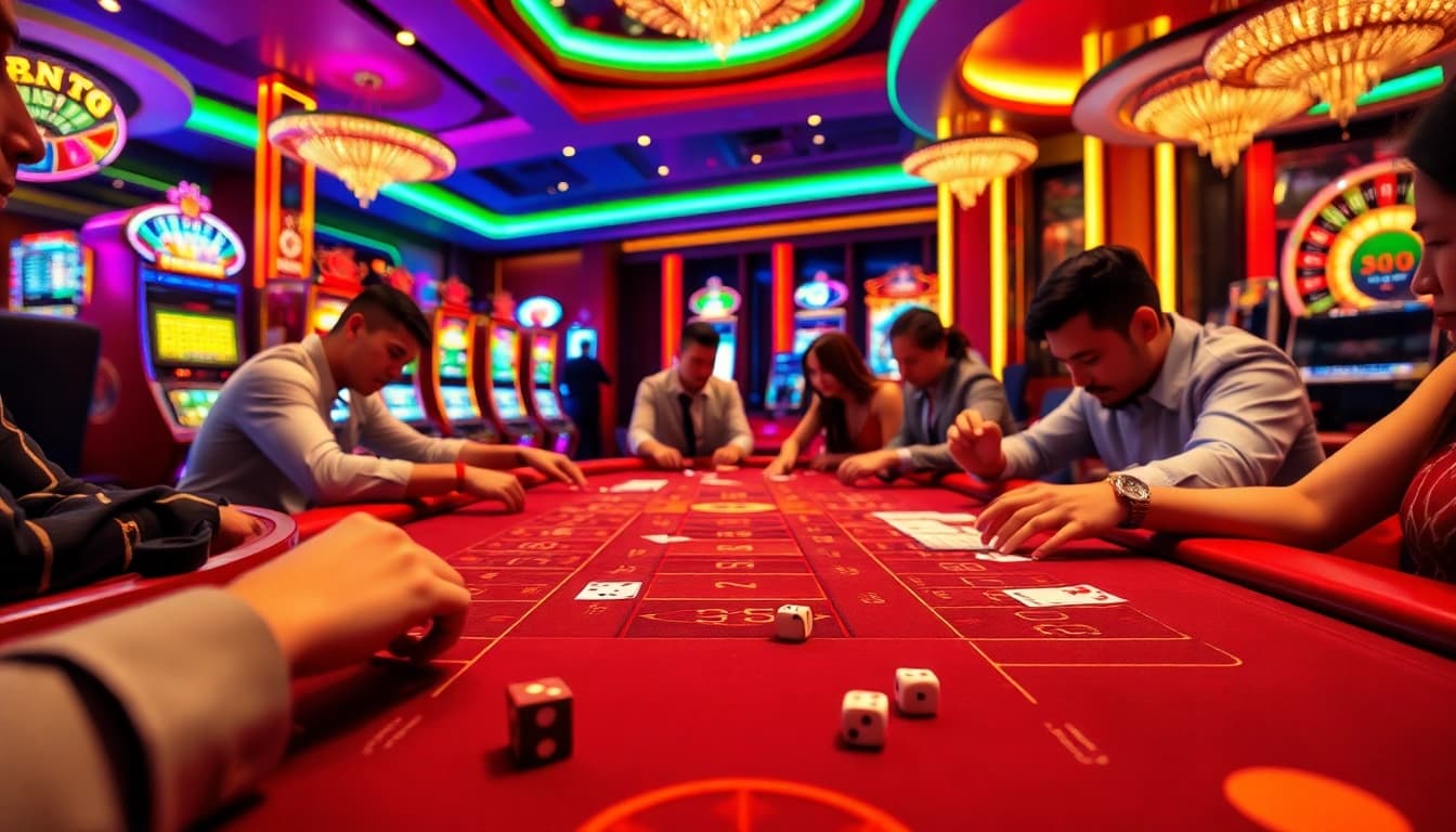 Engaged players at a Tài xỉu MD5 game table creating excitement in a luxurious casino.