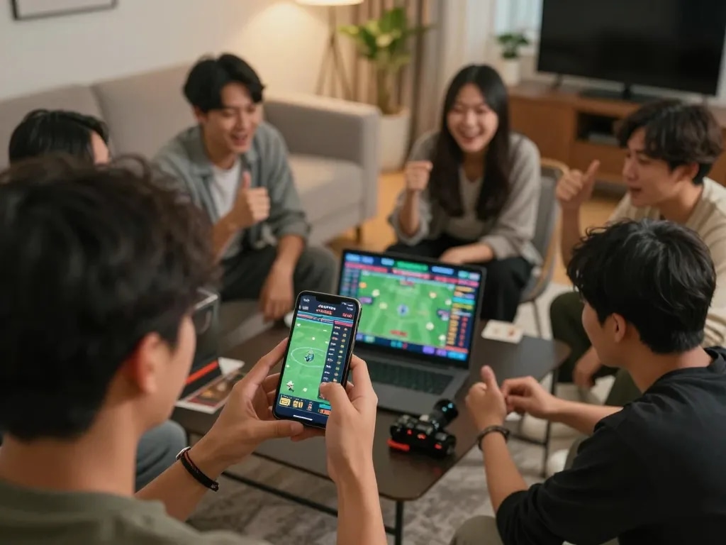 w88 user engaging in live sports betting on smartphone with friends discussing strategies.