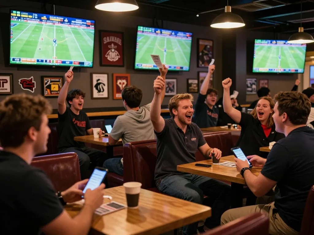 7mcn fans enthusiastically betting on live football matches in a vibrant sports lounge.