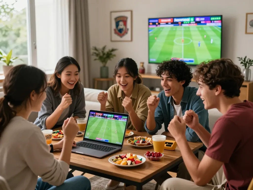 Group of friends using Nowgoal for football betting predictions during a match.
