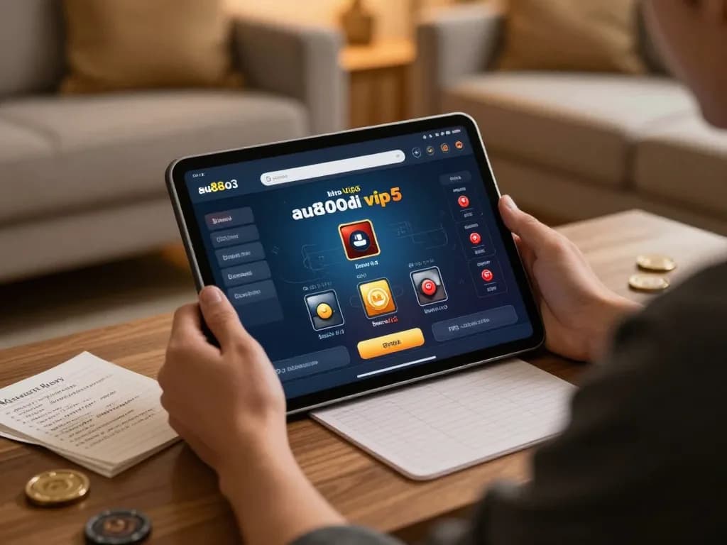 Person using au8803 bio vip5 app on tablet for online casino gaming in a cozy home setting.