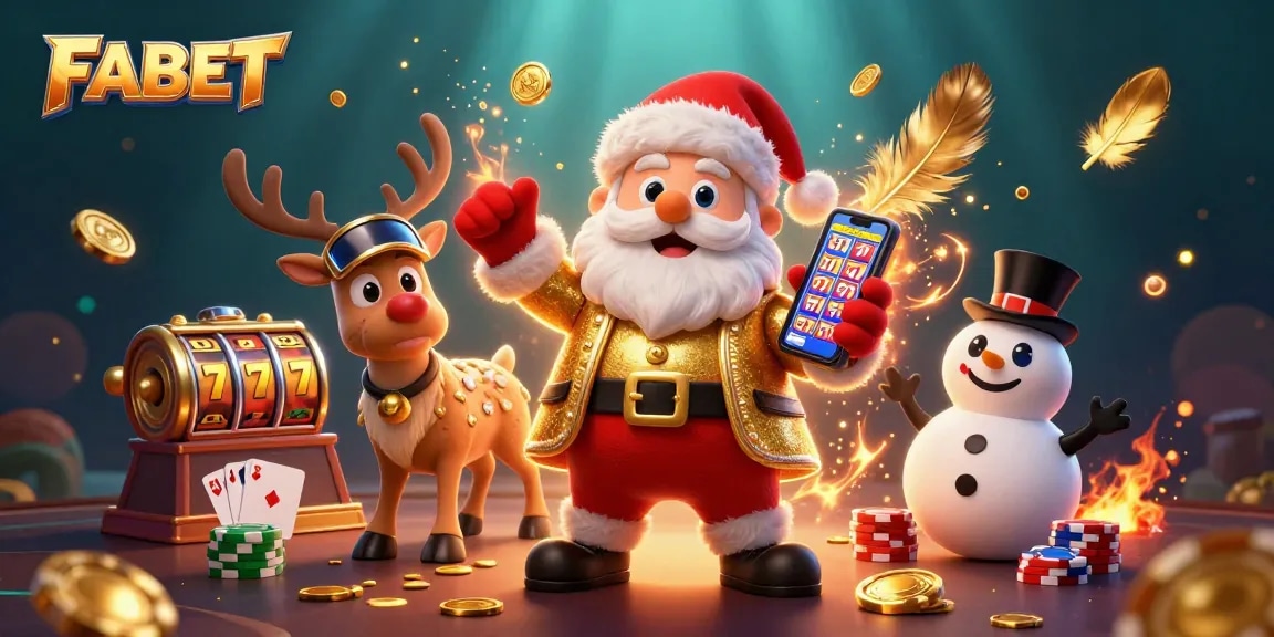 FABET engages players with a festive scene featuring Santa and friends enjoying casino games.