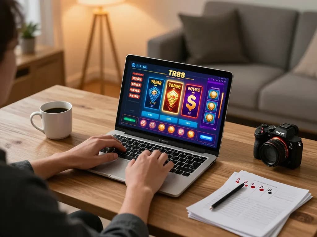 Engaging player using TR88 online casino on laptop with vibrant poker and slots interface.